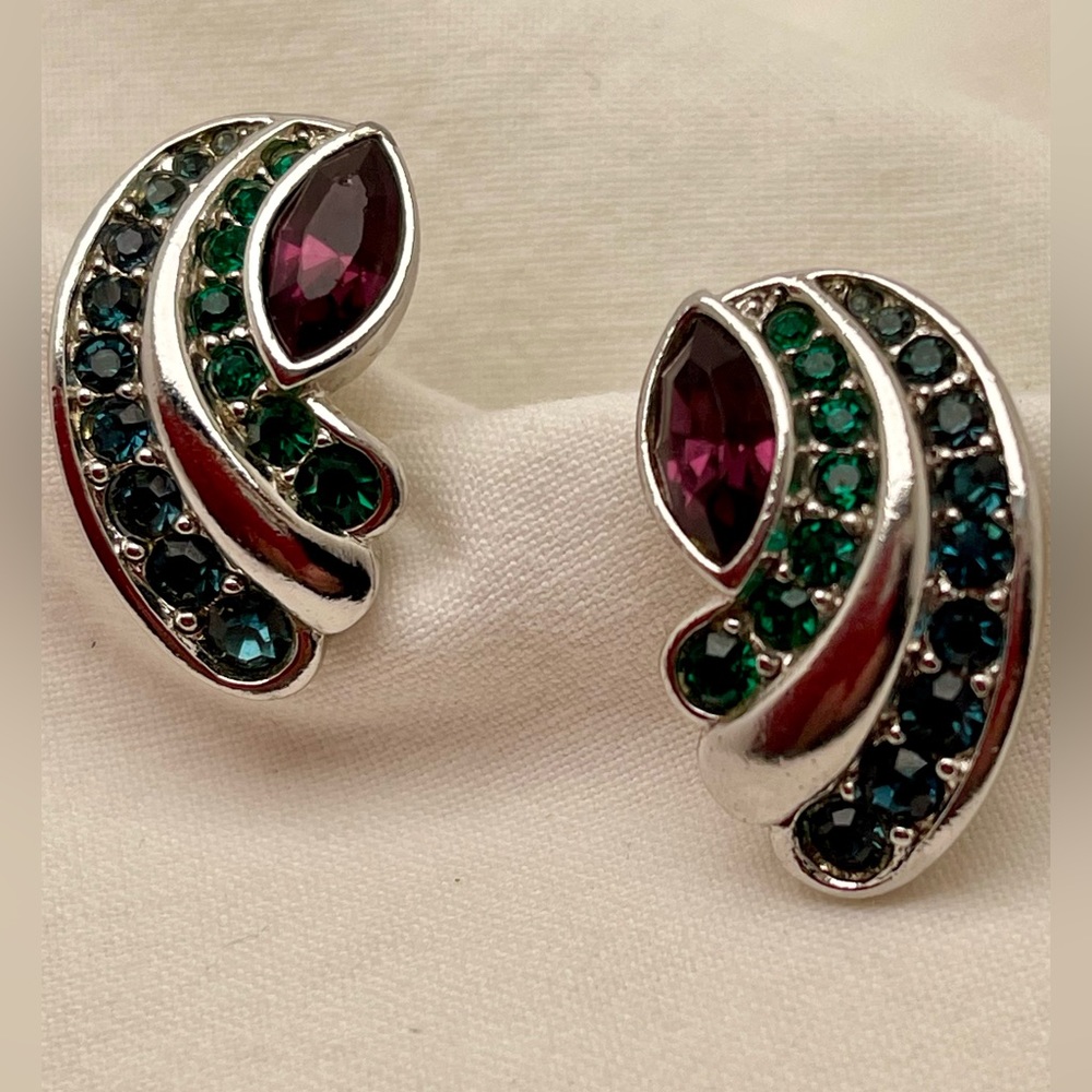 Vintage Signed Yves St Laurent YSL Rhinestone French Clip Earrings 1980s